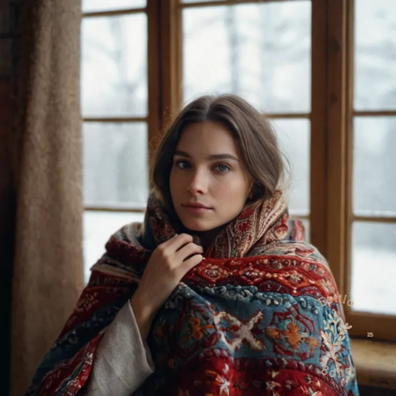 A woman wrapped in a cozy, bohemian winter blanket with embroidery.
