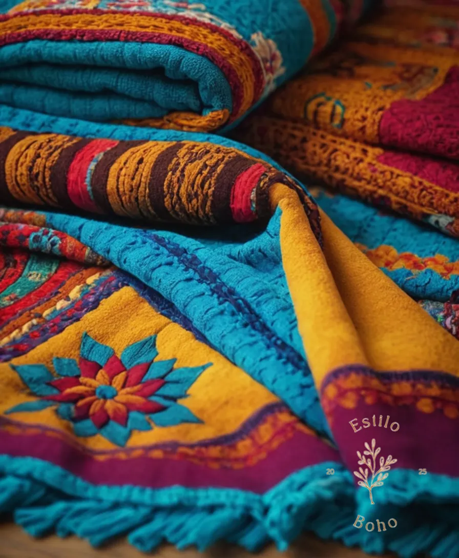 3 vibrant, bohemian-style blankets on a colorful background.