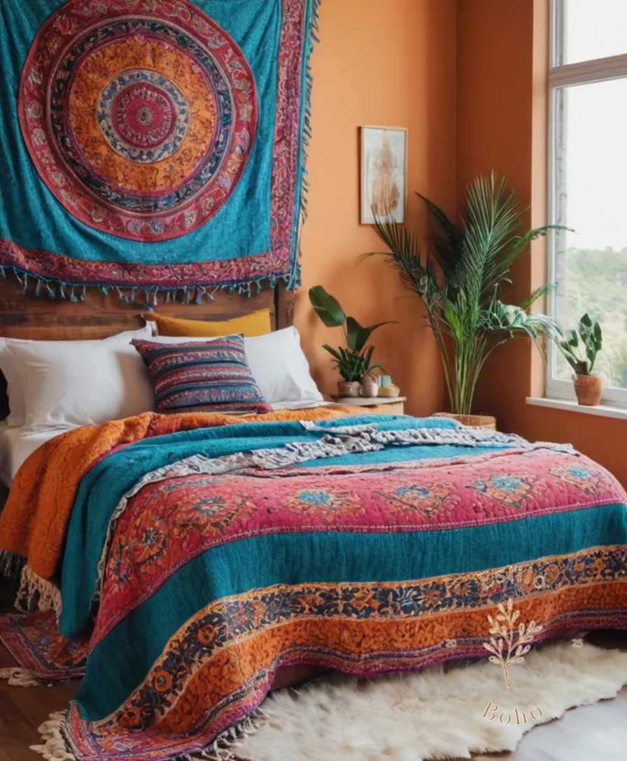 3 Boho chic blankets on a colorful bed.