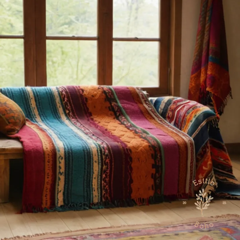 2-3 colorful bohemian blankets laid out on a cozy background.