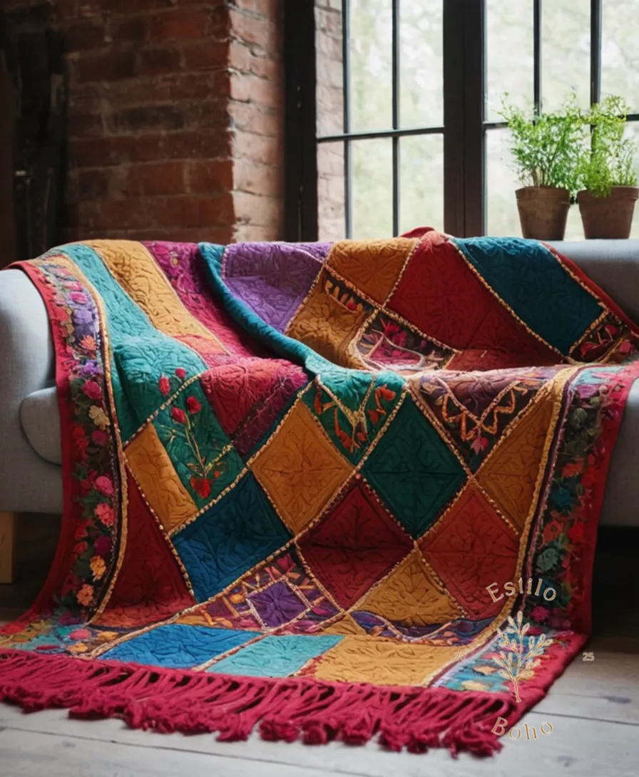 A colorful, hand-embroidered Bohemian throw blanket.