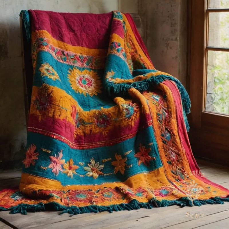 A colorful, hand-embroidered bohemian throw blanket on a distressed background.