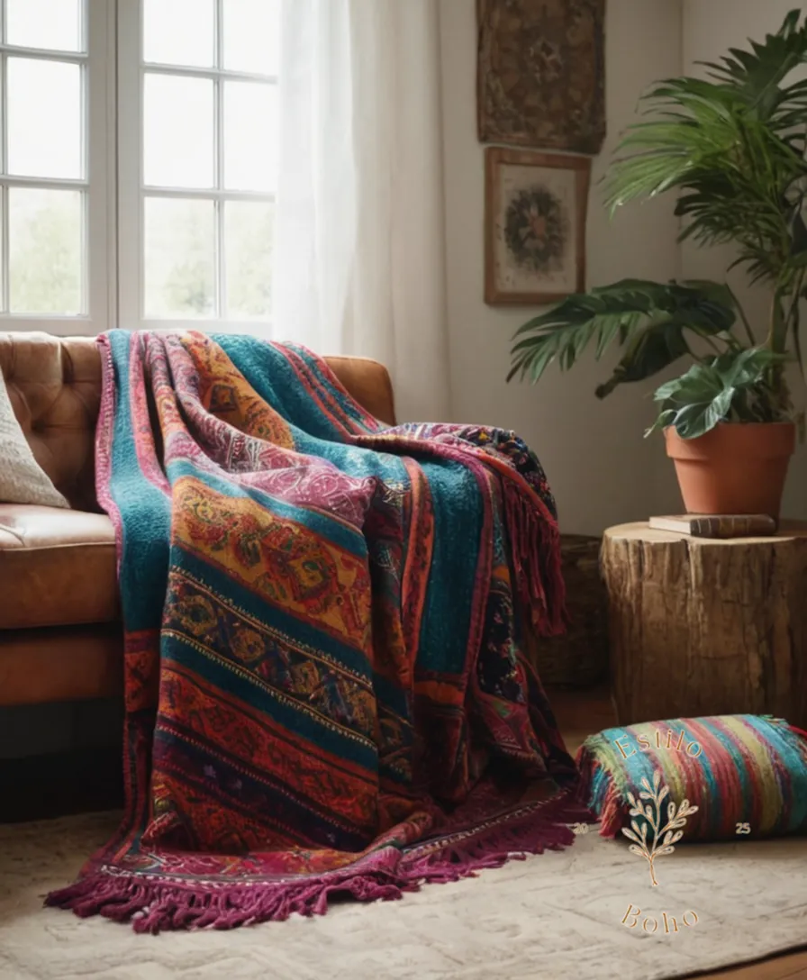 A cozy room with a colorful bohemian throw blanket prominently displayed.