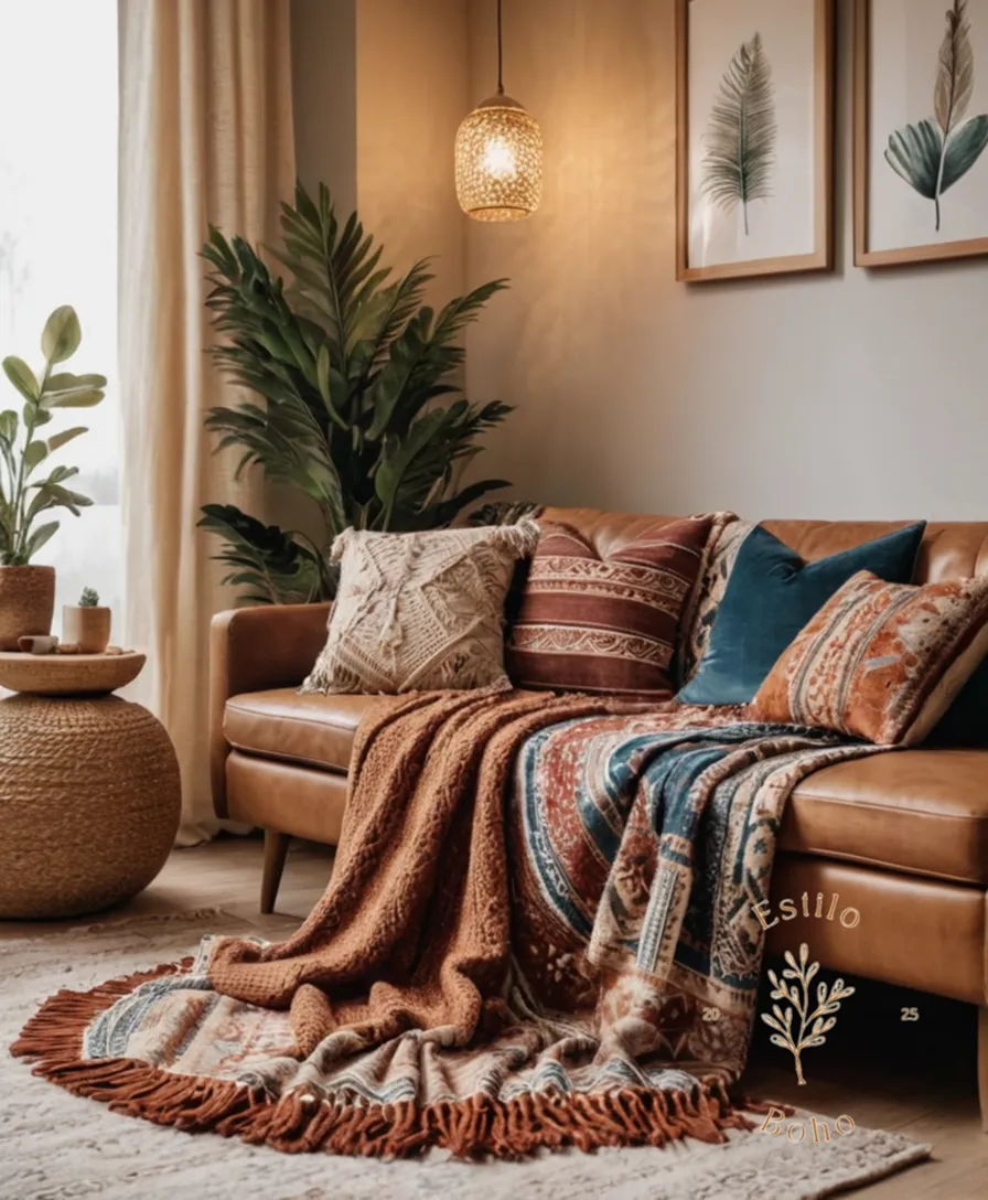 a cozy living room with boho throws and blankets.