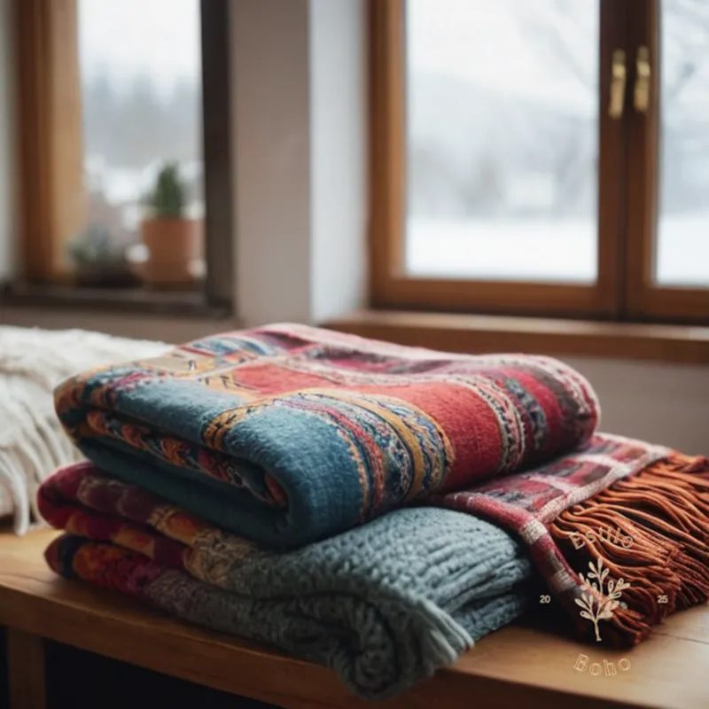 A cozy winter scene with bohemian throw blankets in soft focus.
