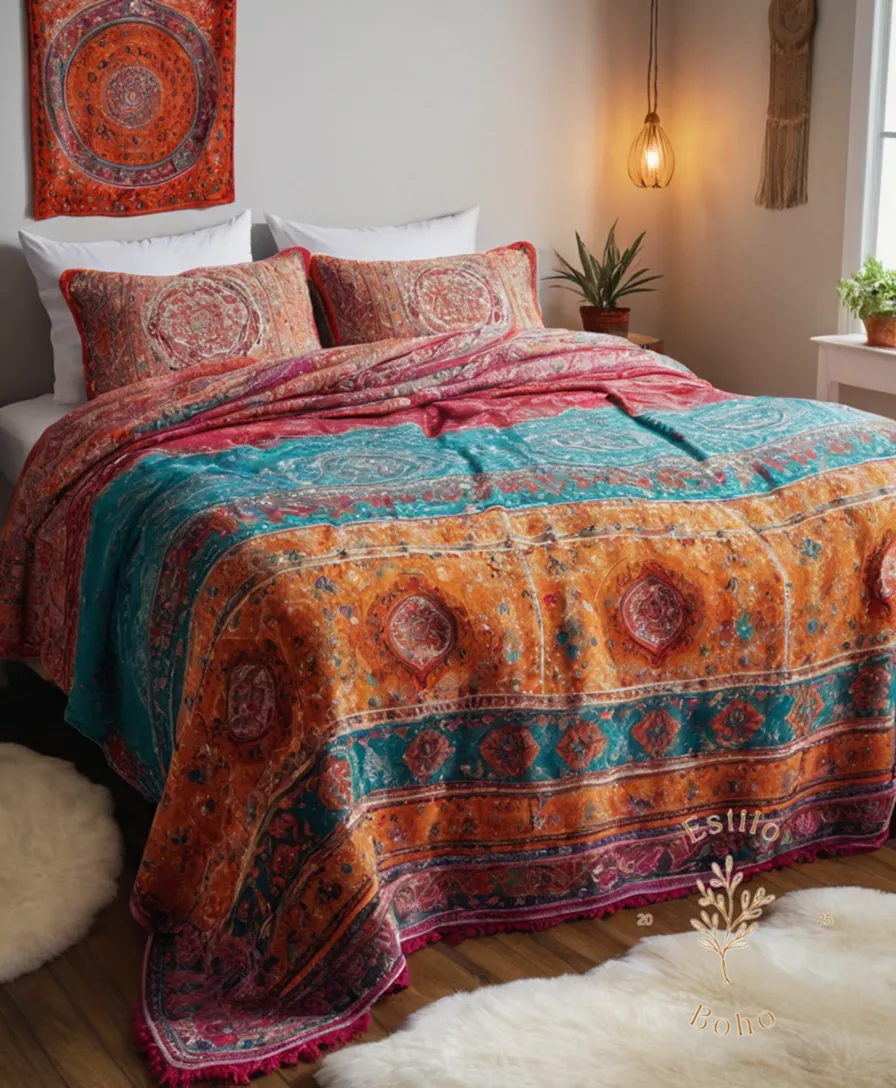 2 vibrant, oversized bohemian-print blankets on a large bedding.