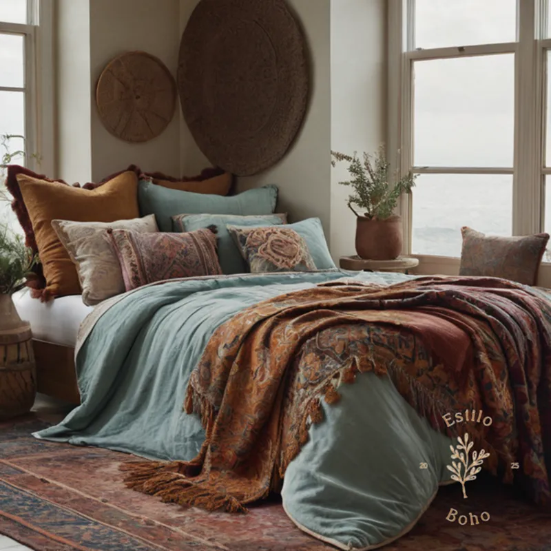 3-4 bohemian-inspired king-sized throws in muted, liberating color palettes.