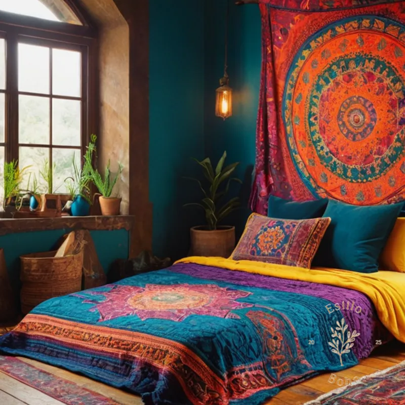 4-6 free-spirited bohemian king-size blankets on a colorful background.