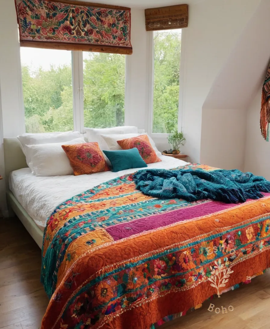 A bohemian bed with a colorful embroidered throw blanket.
