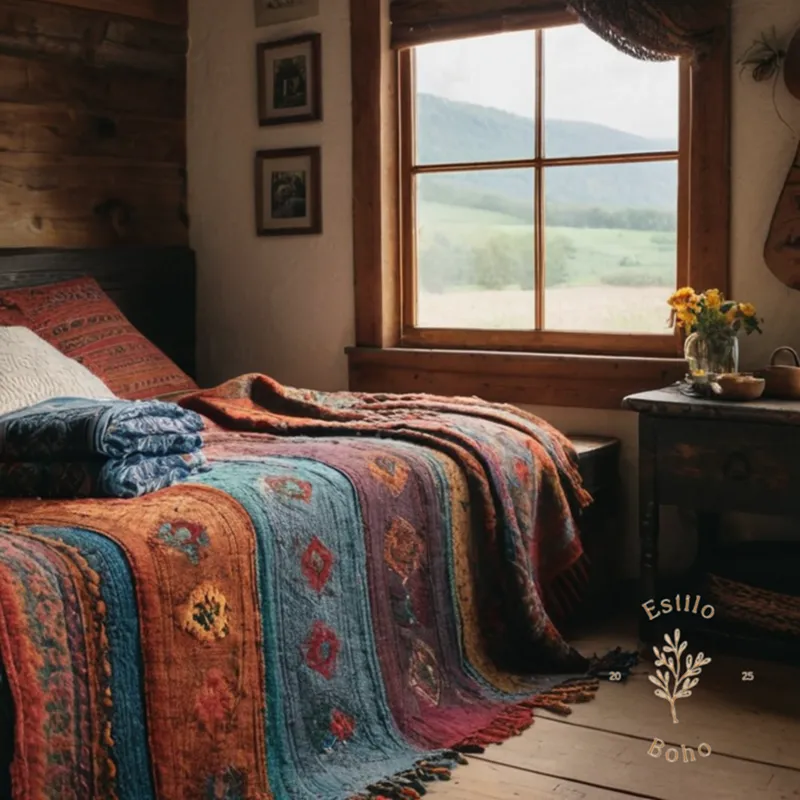 Rustic rural home decor with eclectic bohemian throw blankets.