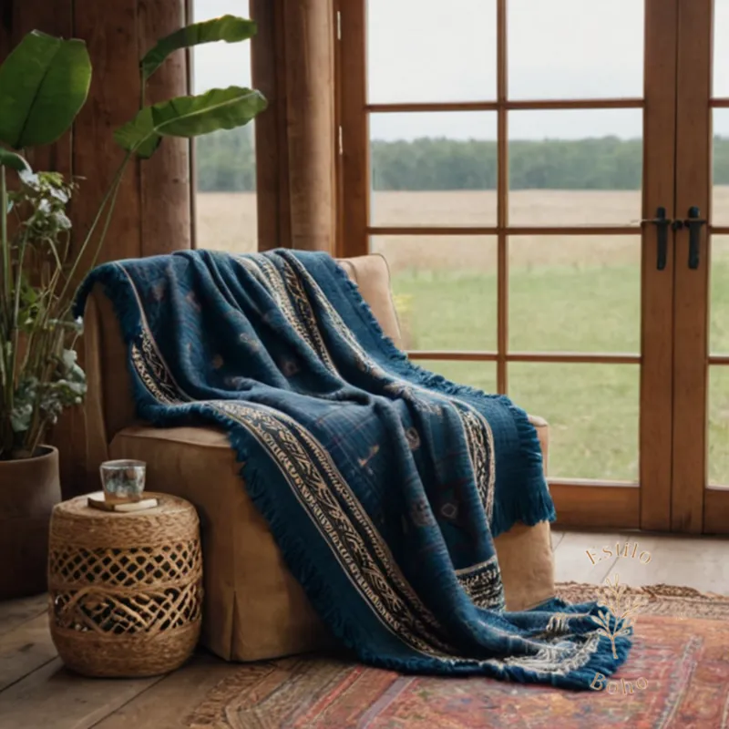 A boho throw blanket on a chic rural rental interior setup.