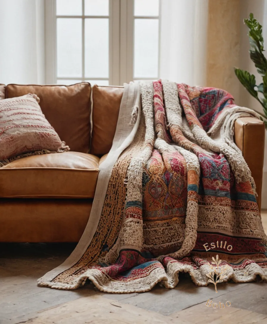 A bohemian-inspired throw blanket in natural fabrics and textures.