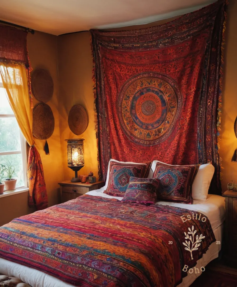 Vibrant, colorful ethnic bohemian textiles draped over a cozy bed.