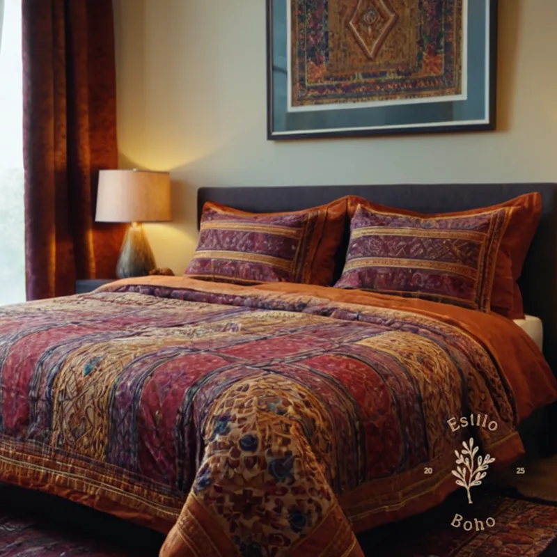 A soft, ethnic-inspired bedding item on a double bed.
