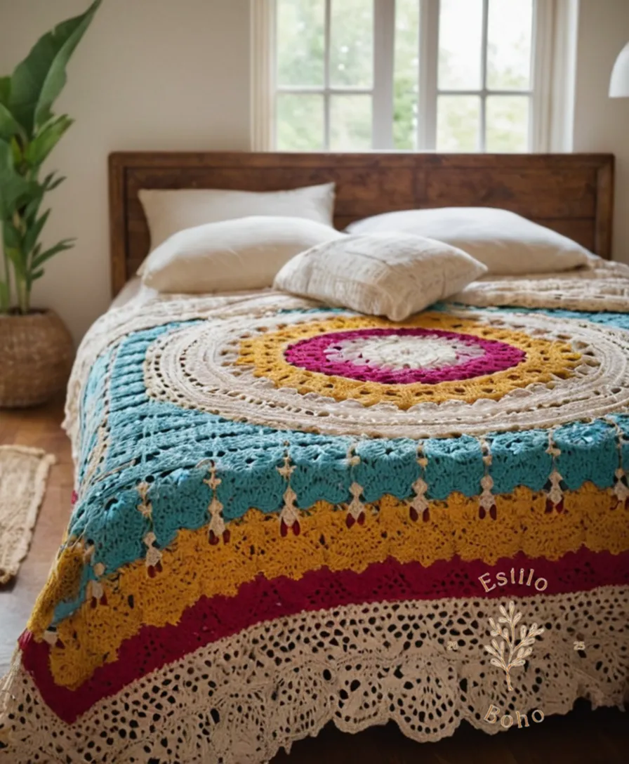 a colorful, intricately crocheted bohemian-style bedspread on a cozy bedroom setting.