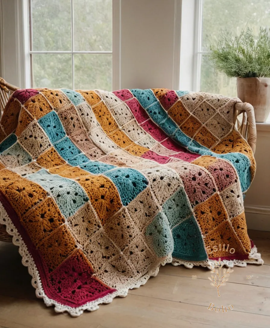 A beautifully styled bohemian crochet blanket or throw.