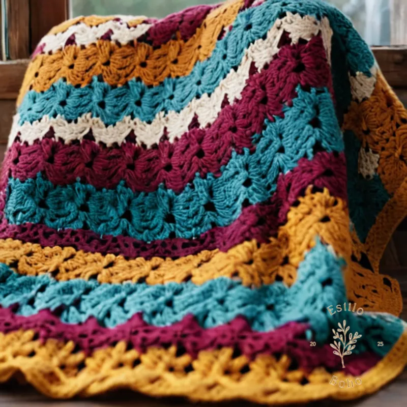 A colorful, bohemian-style crochet blanket up close.