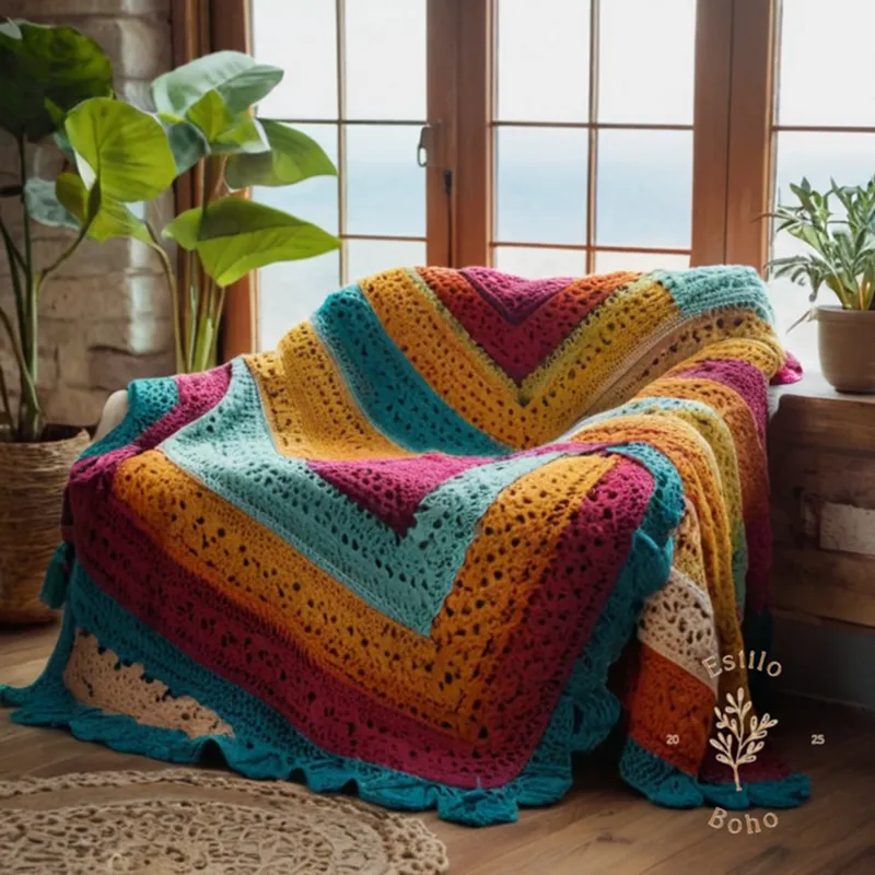 A colorful, crocheted boho blanket styled indoors.