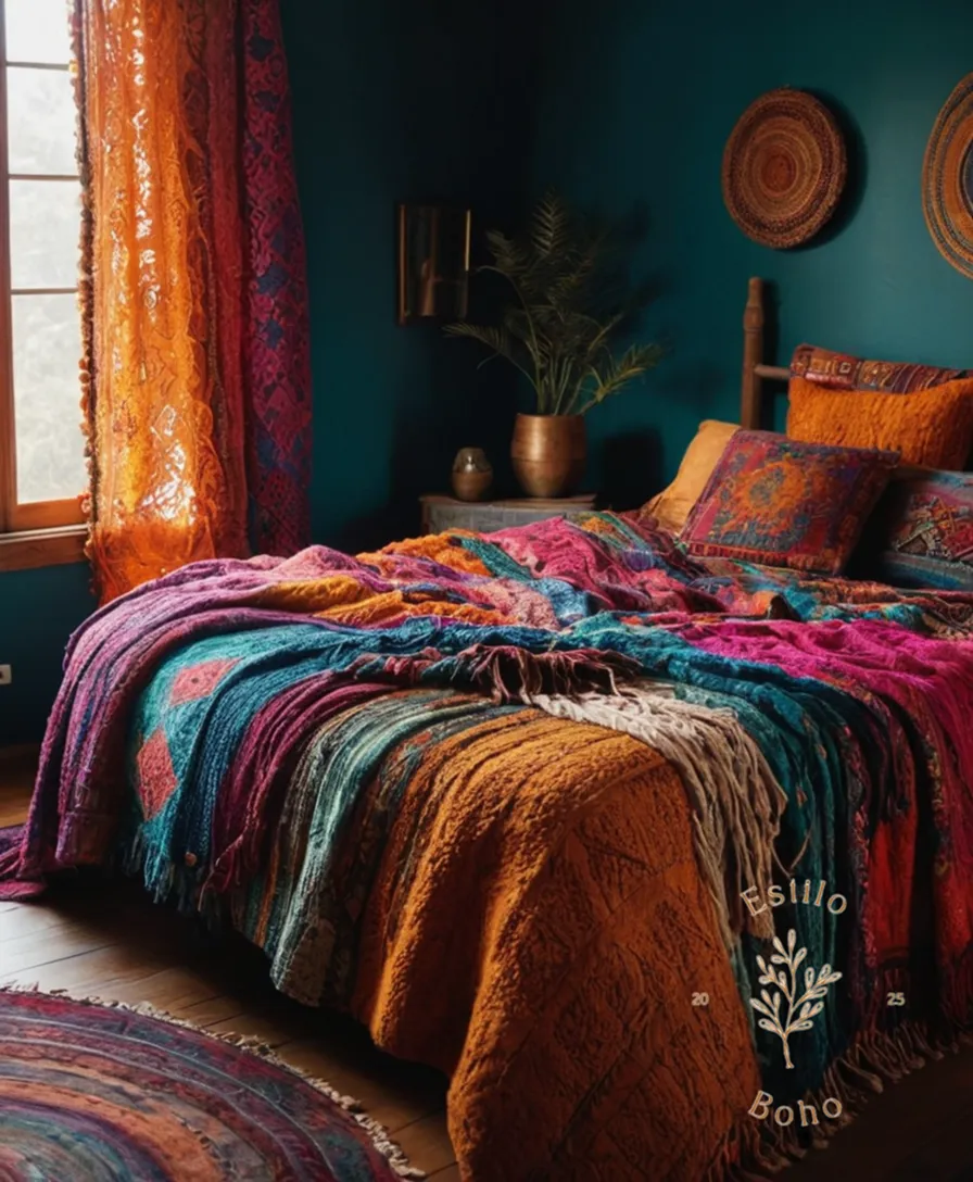 Lush, colorful bohemian blankets draped over a cozy bed.