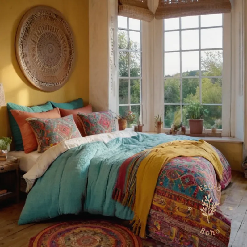 A beautifully styled bohemian bedroom with colorful bedding.