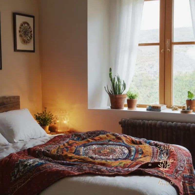 A cozy bedroom with a bohemian throw blanket on a bed.