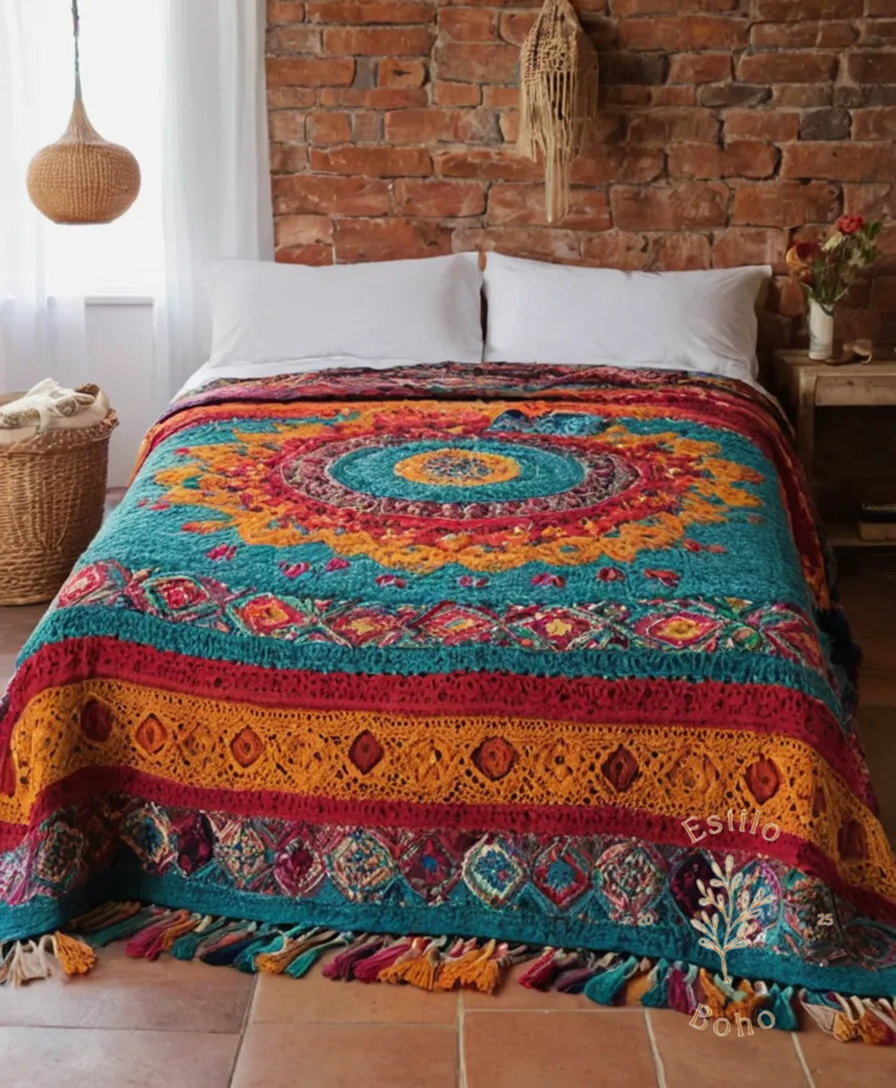 colorful handmade boho-style bedspreads or throw blankets from Spain.