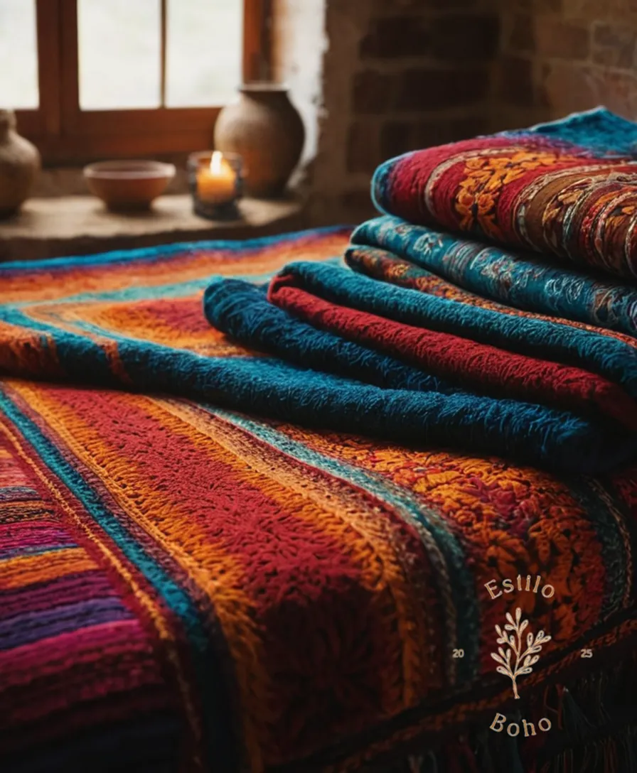 Vibrant, handmade Spanish bohemian blankets being lovingly crafted by artisans.