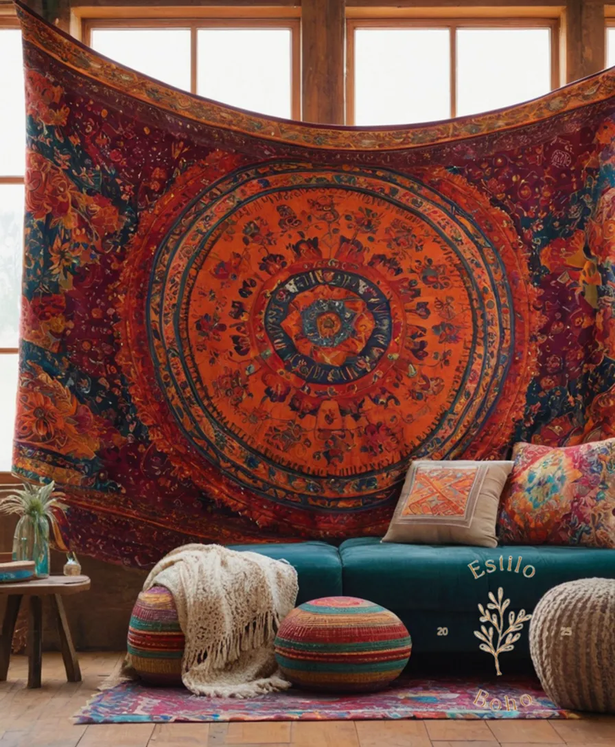 A colorful bohemian textile with vibrant ethnic patterns.