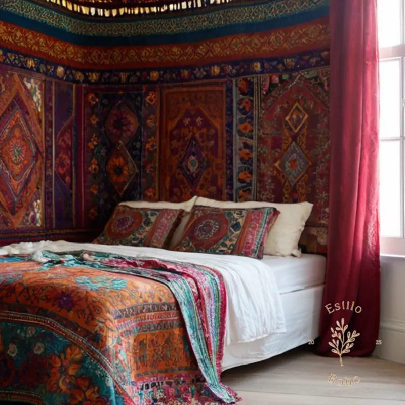 A stylish bohemian bedspread draped over a classic white bed.
