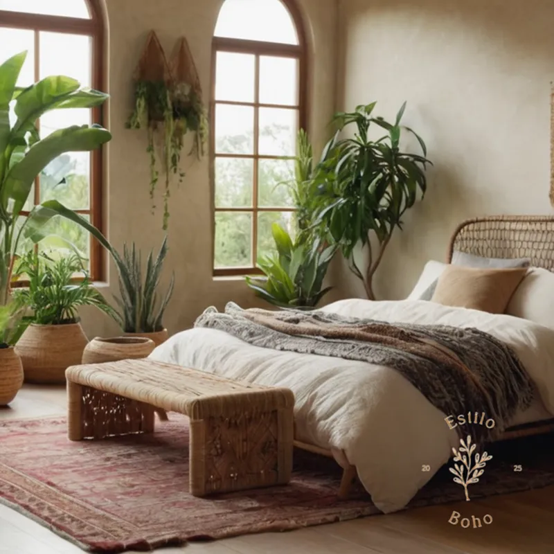 A cozy boho-style bed with natural fibers and plants nearby.