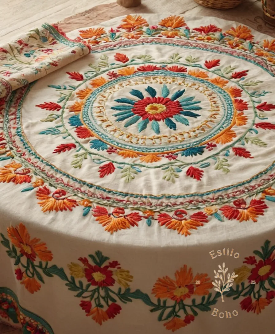 A colorful bohemian-style embroidered textile or tablecloth on a vintage background.