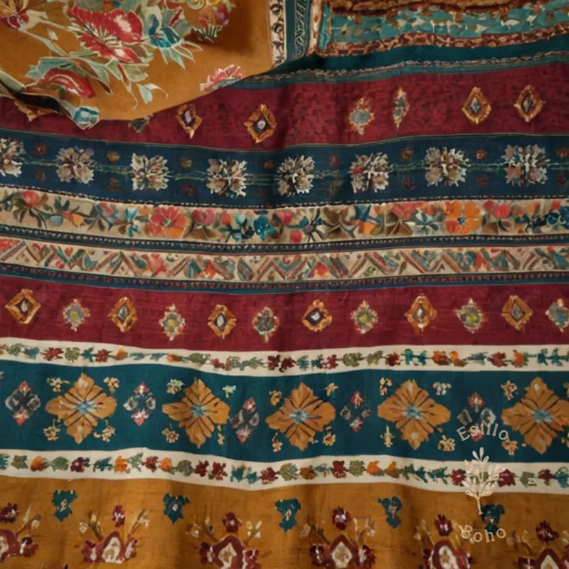 3 bohemian textiles with mixed floral and geometric patterns.