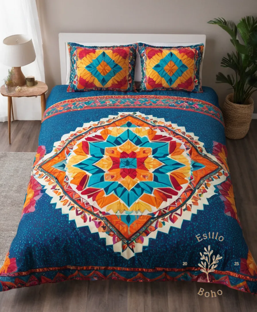 A vibrant, colorful geometric boho-inspired bedding set.