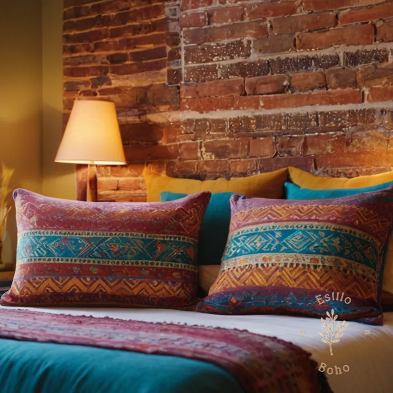 3-4 vibrant, geometric-patterned throw pillows on a bohemian bed setting.