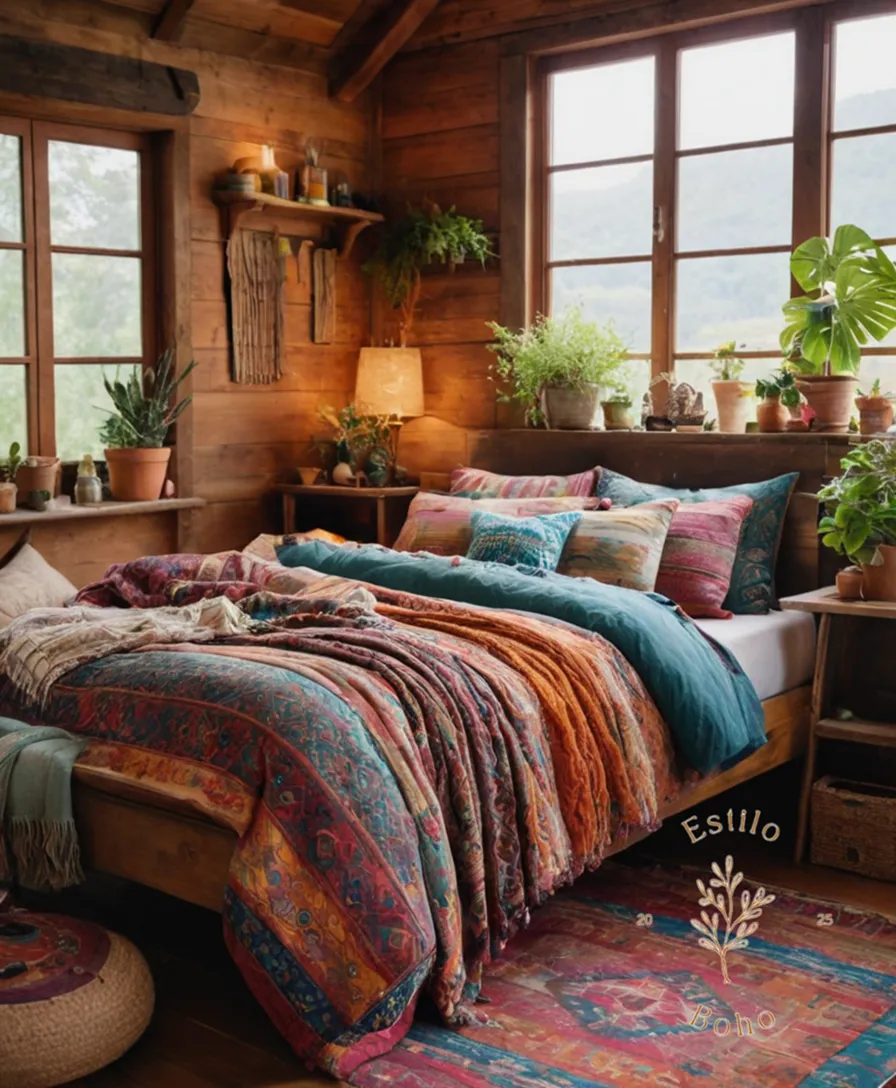 A colorful, laid-back bohemian-inspired bed with eclectic textiles.