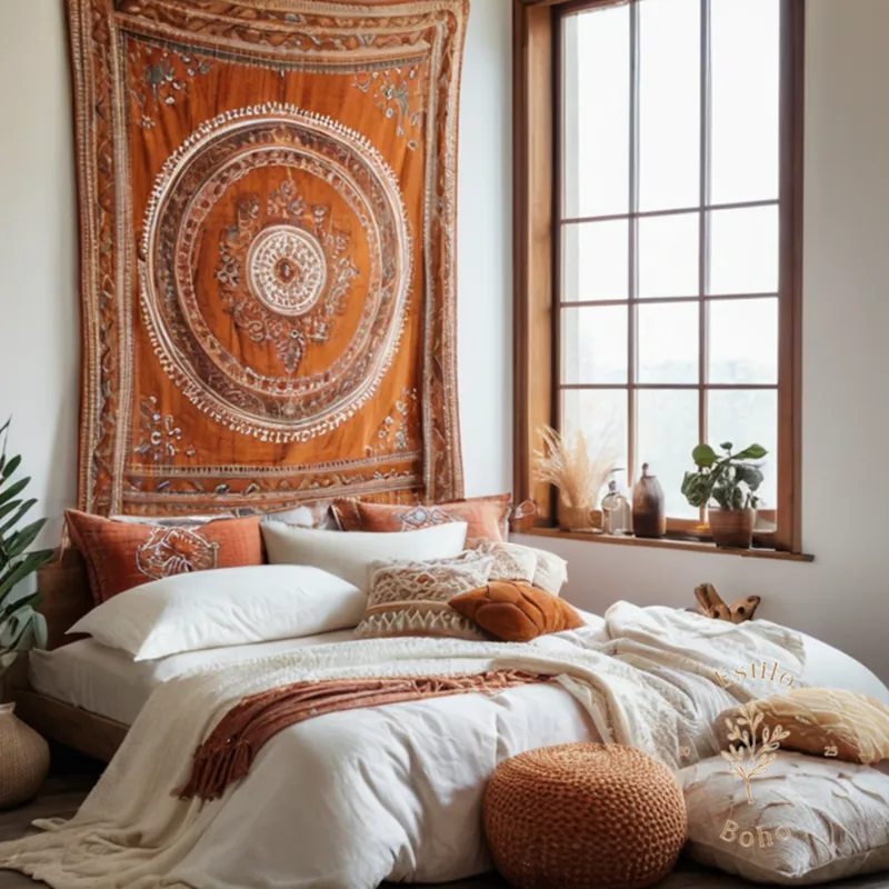 A stylish bedroom with boho chic decorative elements and textiles.