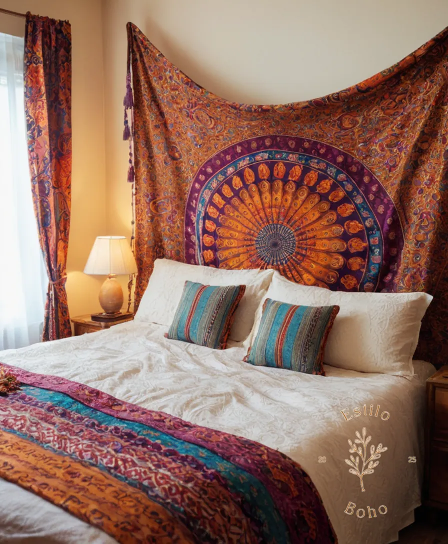 Vibrant, handmade bohemian patterned fabric draped elegantly on a bed.