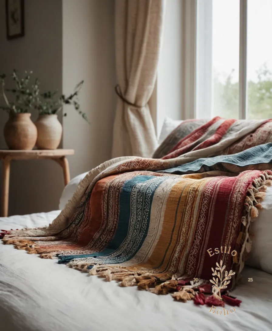 A luscious natural linen bohemian throw blanket on a bed.