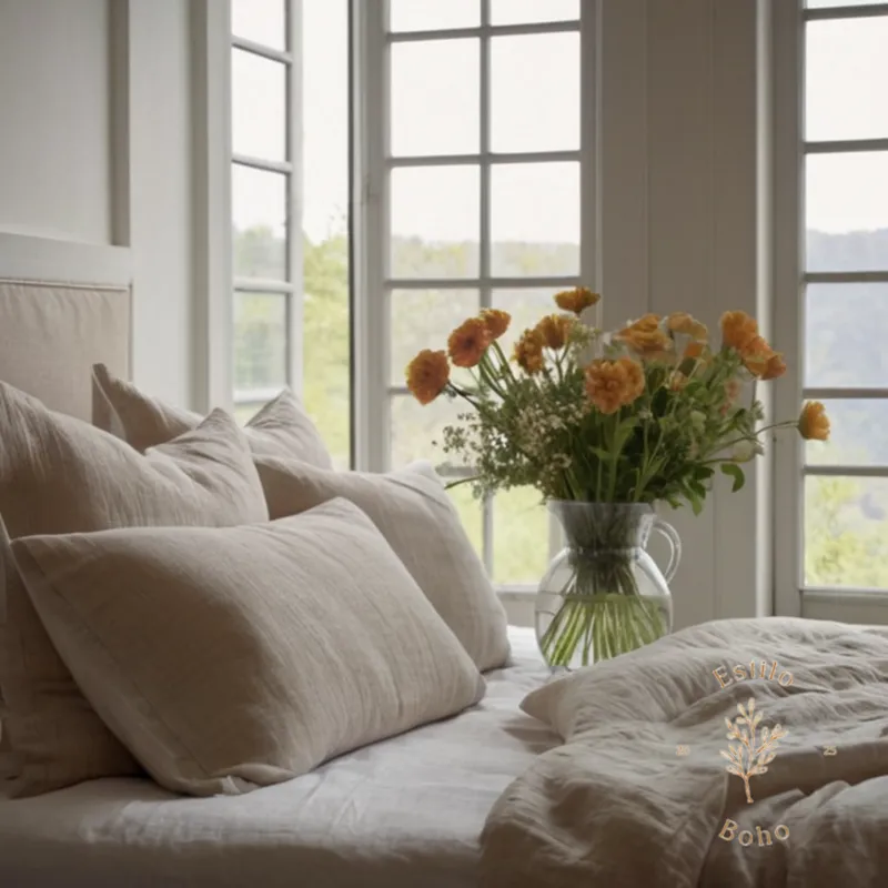 A calming scene with linen bedding and gentle flowers nearby.