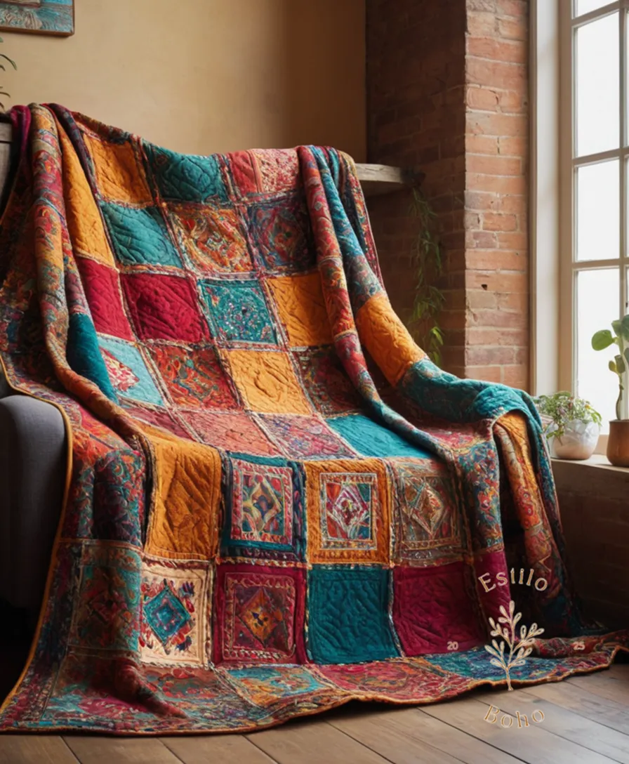 A colorful, bohemian-style patchwork throw blanket on display.