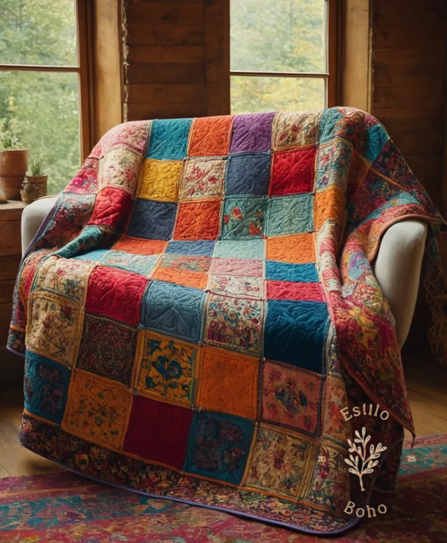 A vibrant, colorful patchwork blanket on a bohemian-inspired background.