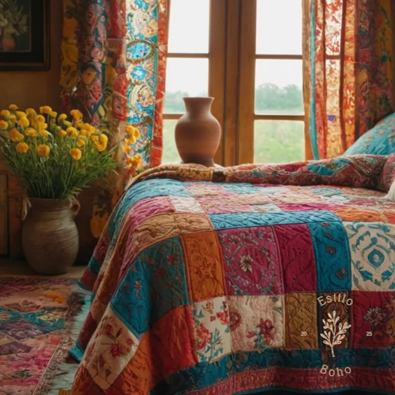 Vibrant patchwork blankets amidst Bohemian-style home decor elements and flowers.