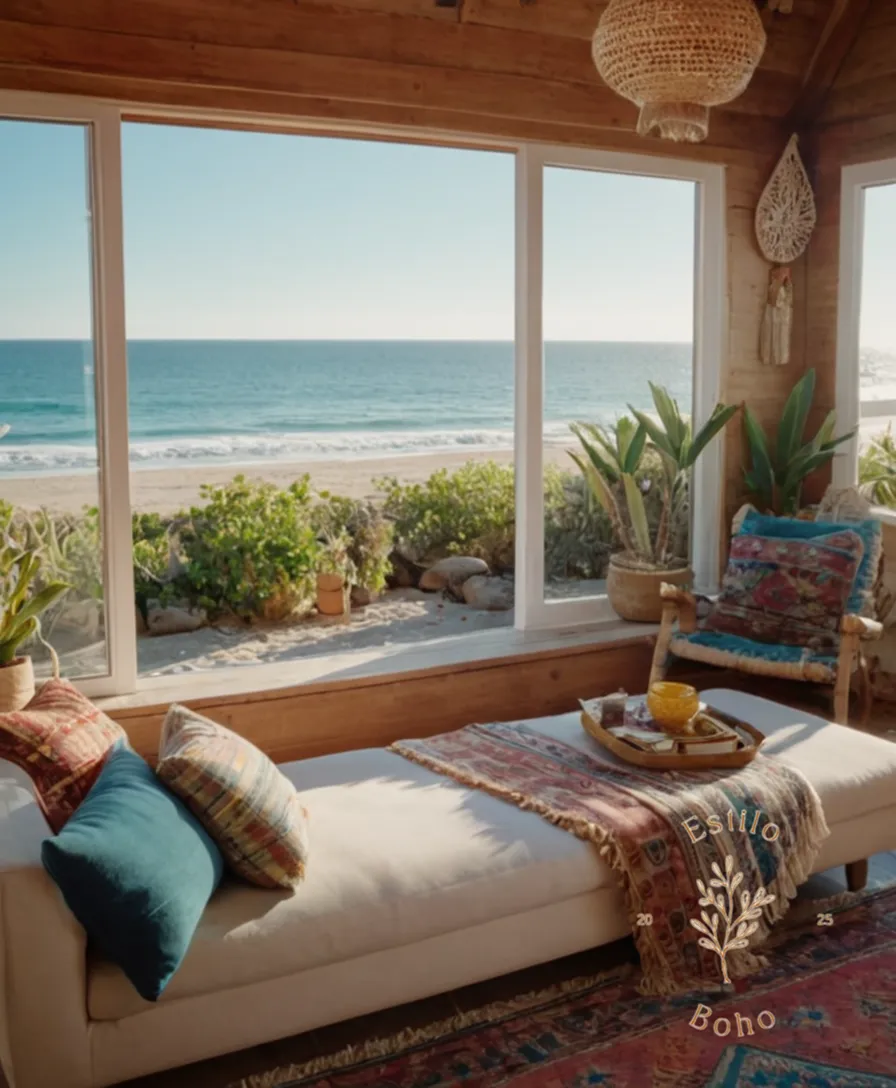 A serene beach house with bohemian textiles and decor.