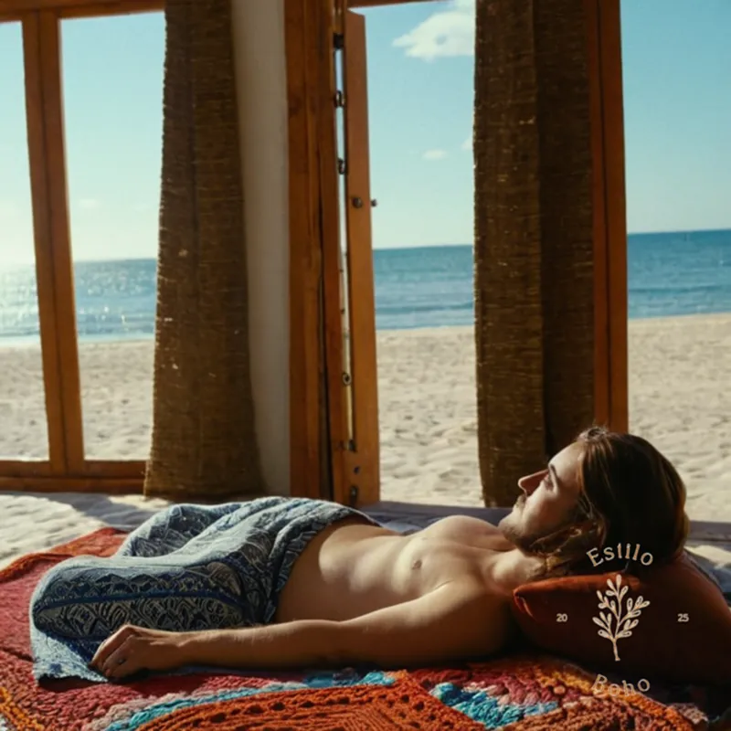 A person lounging on a beach blanket with eclectic decor.