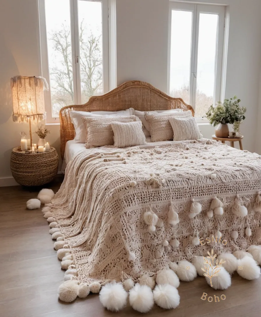 An organic cotton boho bedspread with fluffy pom-poms.