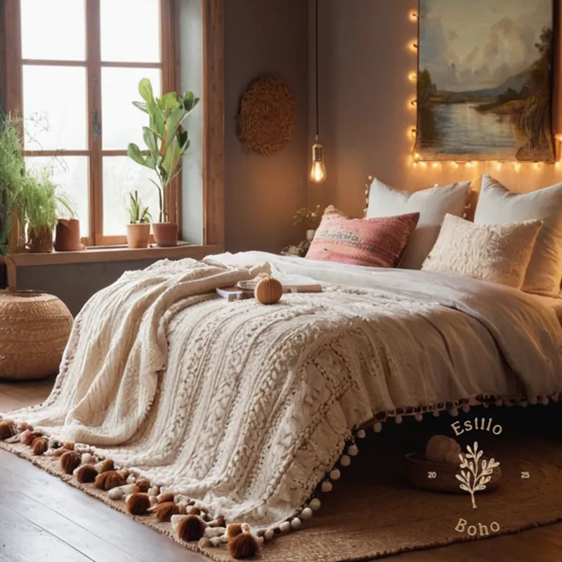 A bohemian bedroom setting with an organic cotton blanket with pom-poms.