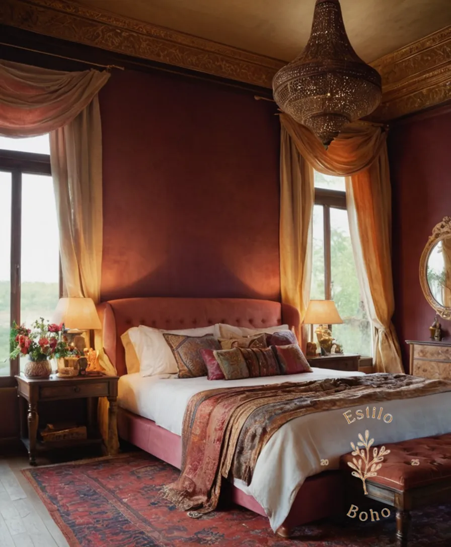 3 serene, bohemian bedroom scenes with luxurious silk textiles on beds.