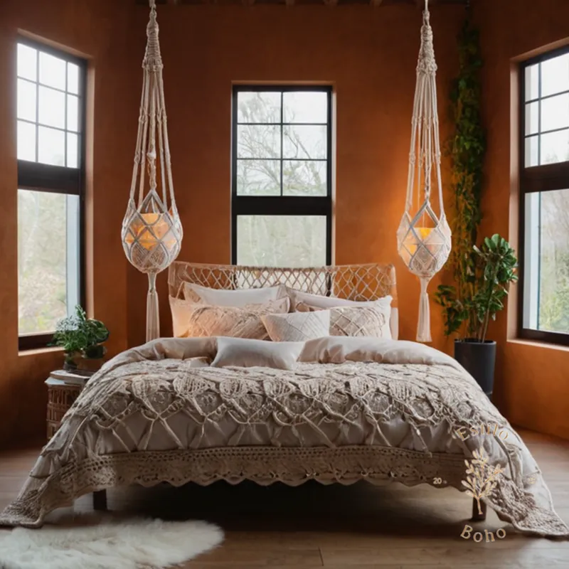6 stylish, eclectic macrame bedding arrangements on different backgrounds.