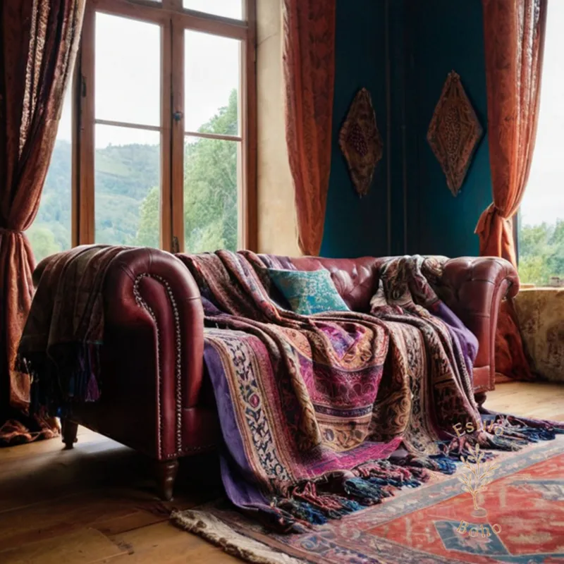 A bohemian silk throw draped on a stylish sofa.