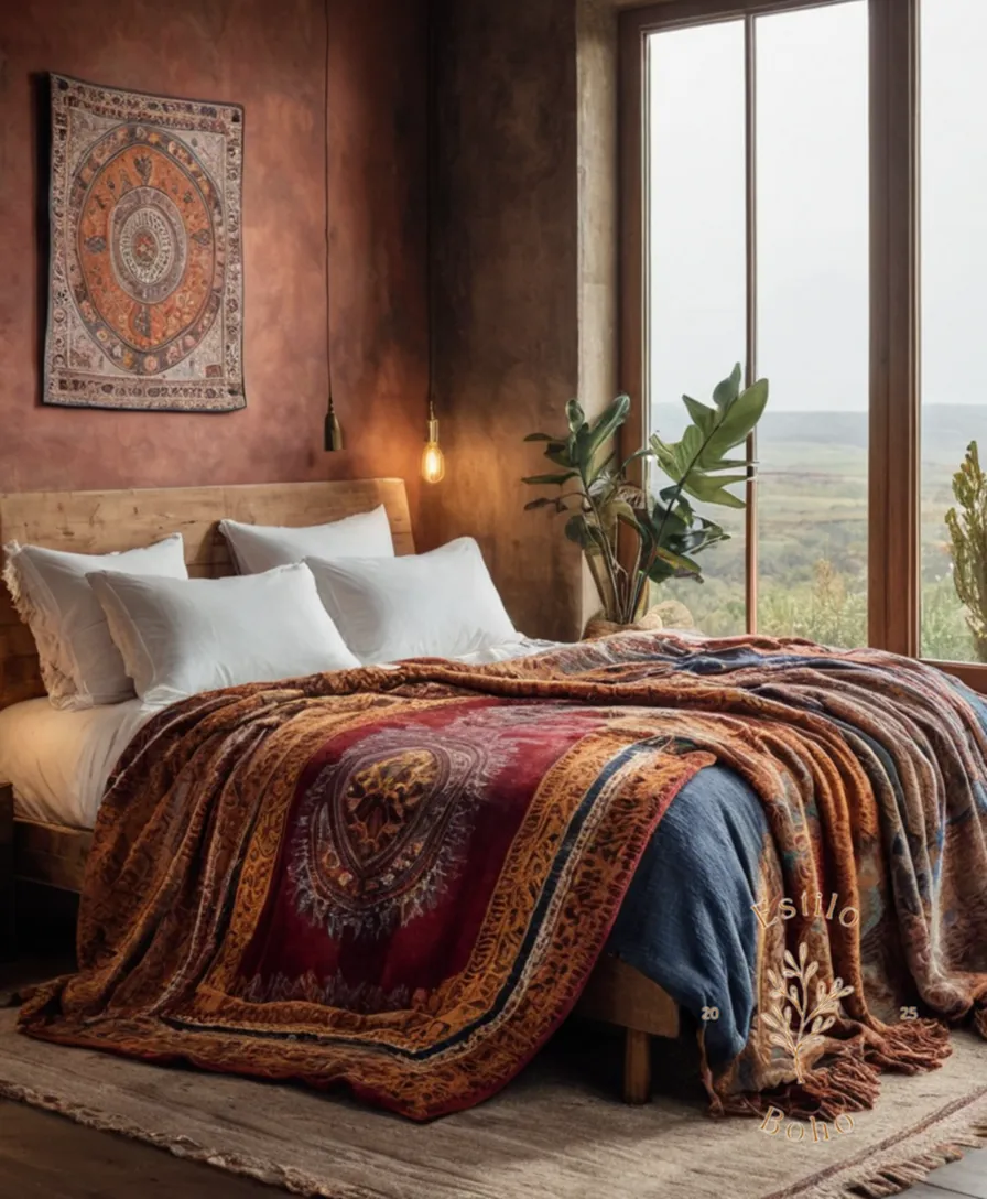 A cozy bedroom with a boho terciopelo throw blanket.